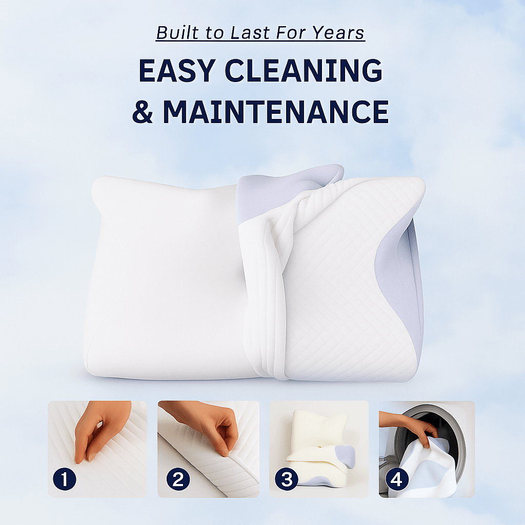 CloudNest™ Premium Relief Pillow with easy cleaning steps for lasting comfort and maintenance.