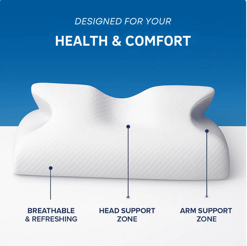 CloudNest™ Premium Relief Pillow featuring breathable design with head and arm support zones for optimal comfort.