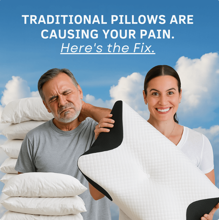 Person holding a premium relief pillow, highlighting the discomfort of traditional pillows and offering a solution.