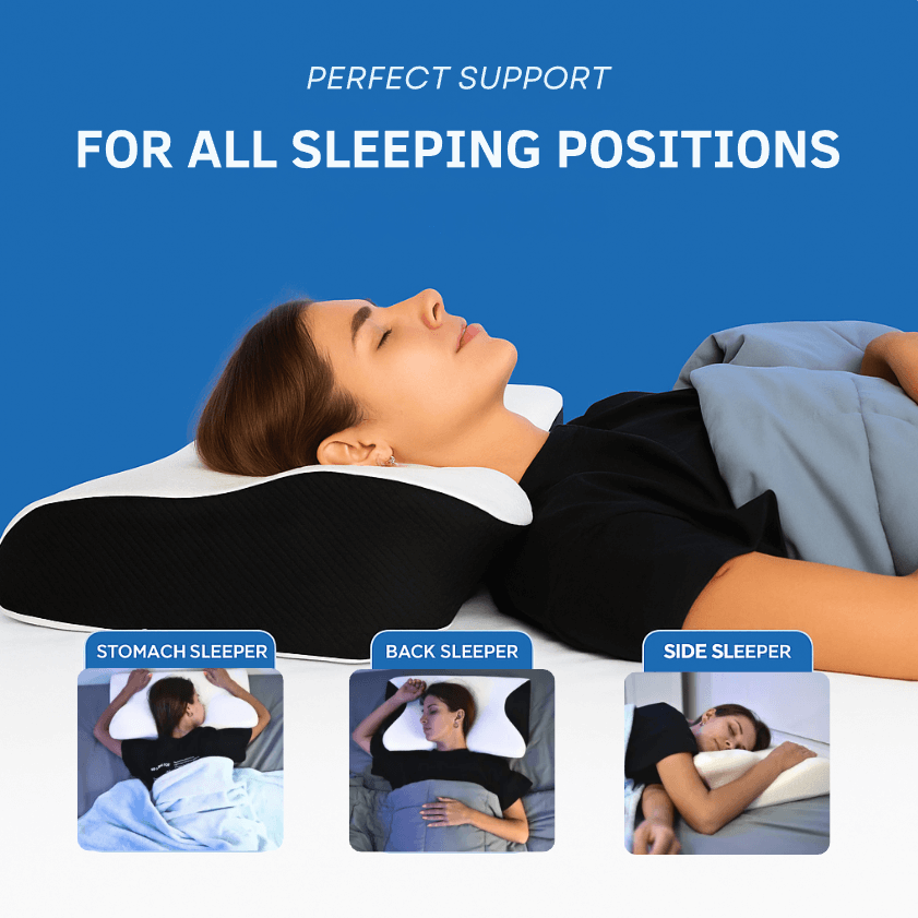 Woman using CloudNest™ Premium Relief Pillow, showcasing support for stomach, back, and side sleeping positions.