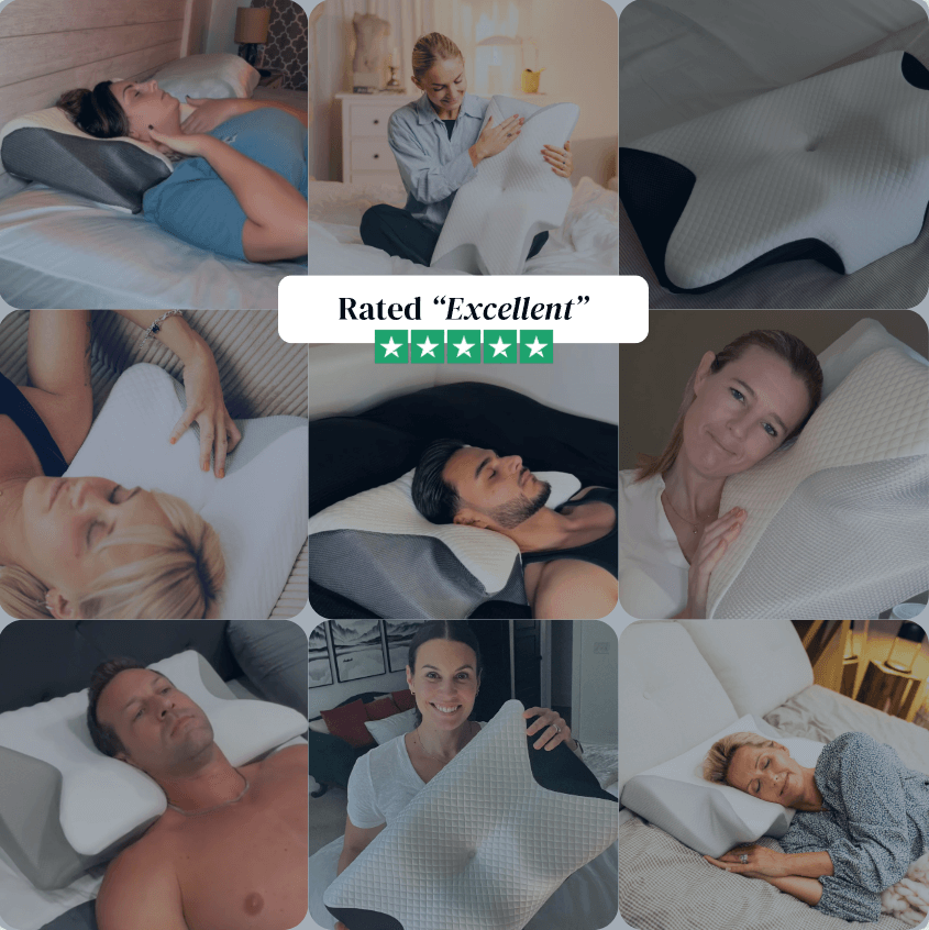 Collage of people using CloudNest™ Premium Relief Pillow, rated 'Excellent' with 4 stars for comfort and support.