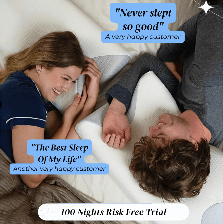 Happy customers enjoying comfort with CloudNest™ Premium Relief Pillow, sharing testimonials about their great sleep experience.