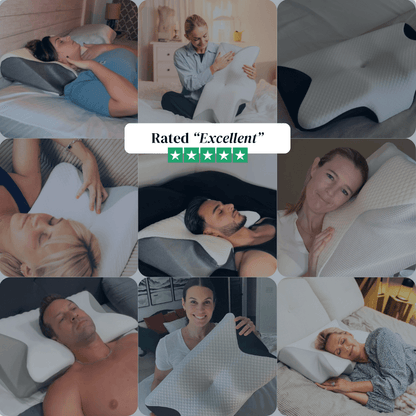 Collage of people using CloudNest™ Premium Relief Pillow, rated 'Excellent' with 4 stars for comfort and support.